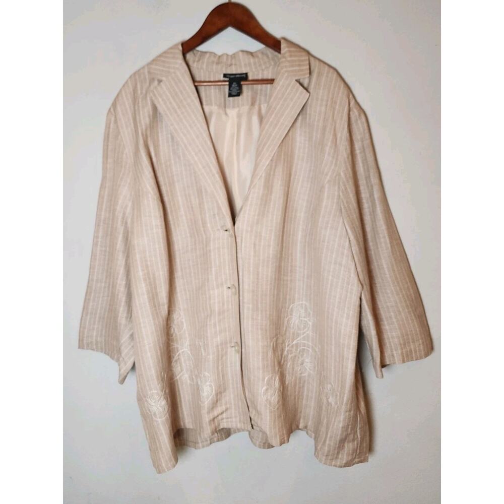 Maggie Barnes Linen Blend Embroidered Beige Stripe Button Blazer Jacket 3X 26/28
